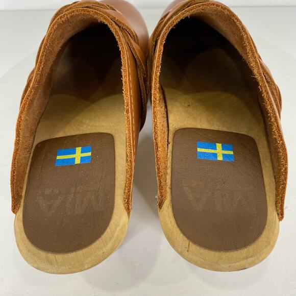 MIA Elsa Luggage Wood Clogs Women's Sz 37/US 7 Tan Italian Leather Swedish Lug - Picture 10 of 13